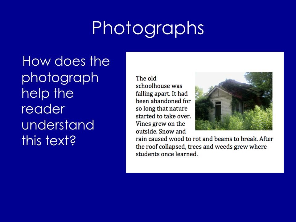 Photographs How does the photograph help the reader understand this text