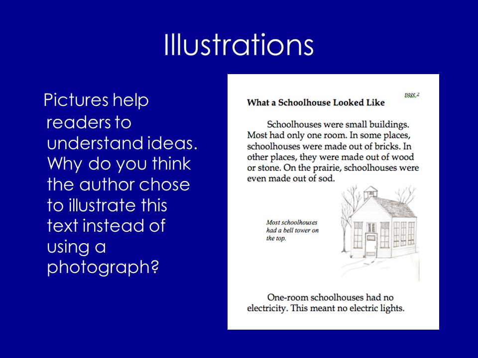 Illustrations Pictures help readers to understand ideas.
