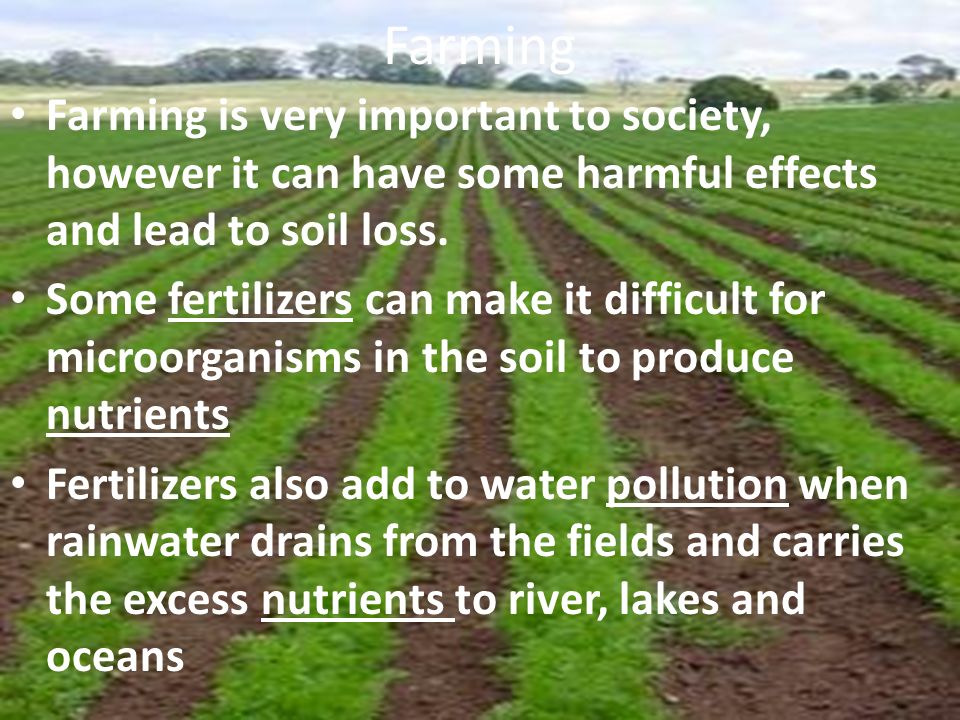 Farming Farming is very important to society, however it can have some harmful effects and lead to soil loss.