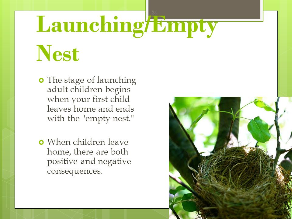 Launching/Empty Nest The stage of launching adult children begins when your first child leaves home and ends with the empty nest.