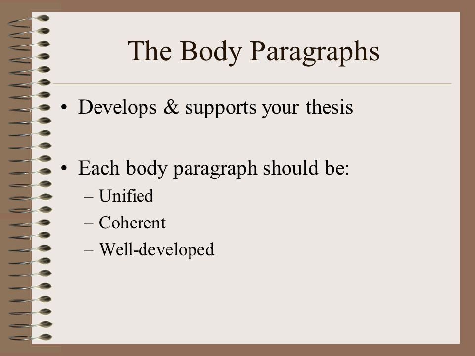 The Body Paragraphs Develops & supports your thesis