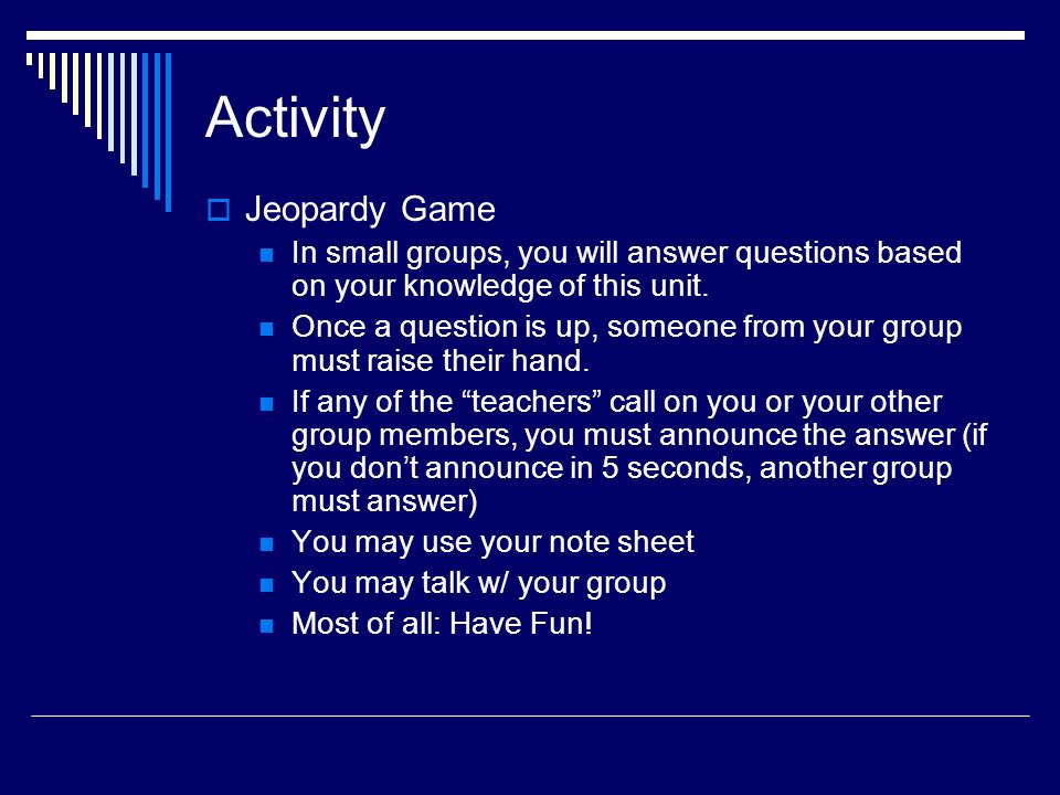 Activity Jeopardy Game