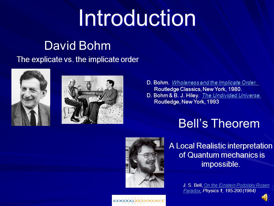 Introduction David Bohm Bell’s Theorem