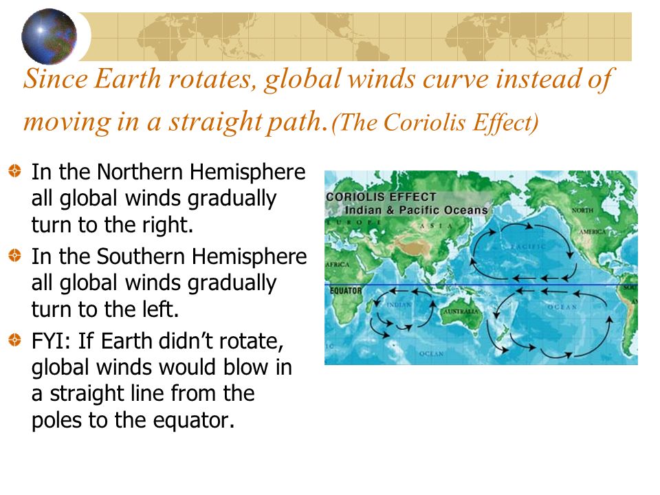 Since Earth rotates, global winds curve instead of moving in a straight path.(The Coriolis Effect)
