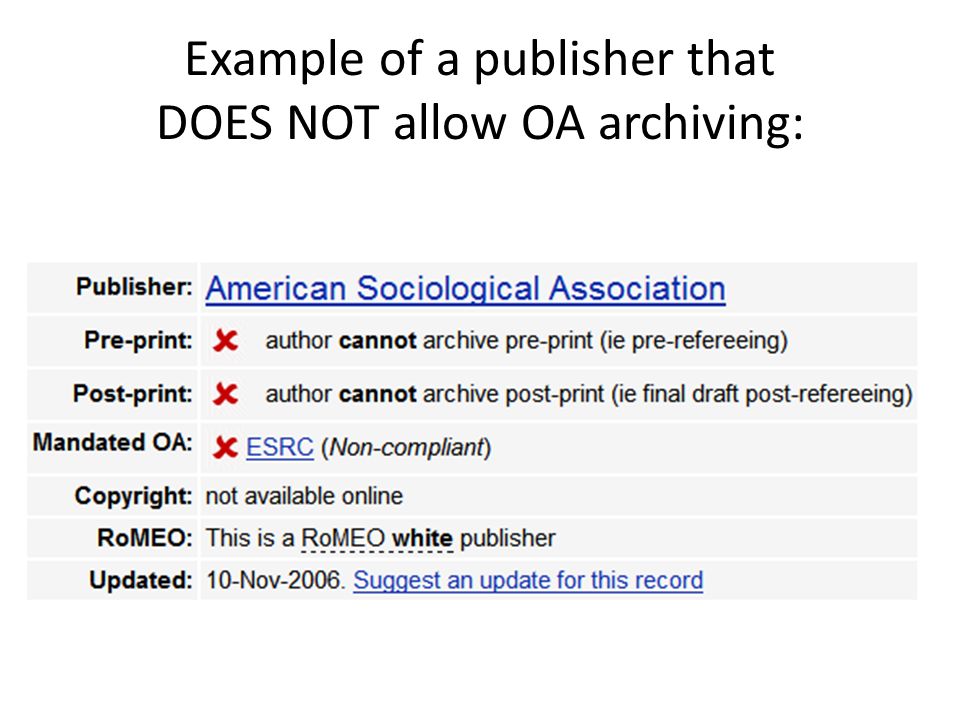 Example of a publisher that DOES NOT allow OA archiving: