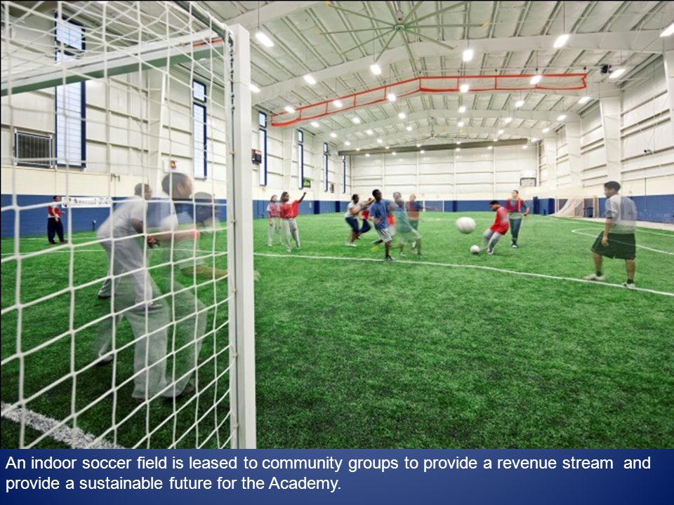 An indoor soccer field is leased to community groups to provide a revenue stream and provide a sustainable future for the Academy.