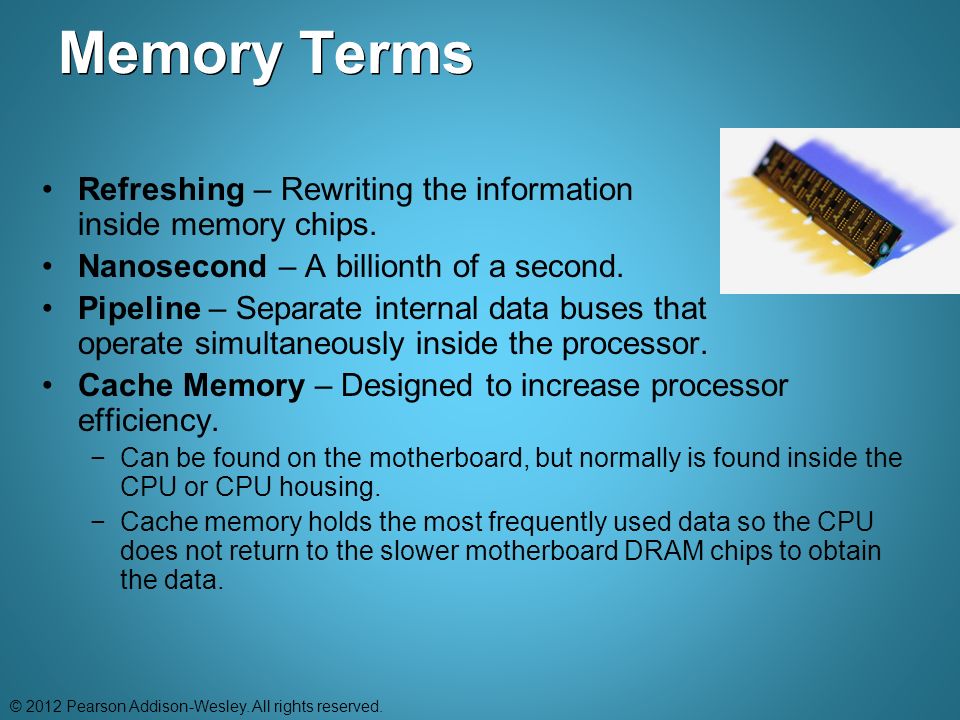 Memory Terms Refreshing – Rewriting the information inside memory chips. Nanosecond – A billionth of a second.