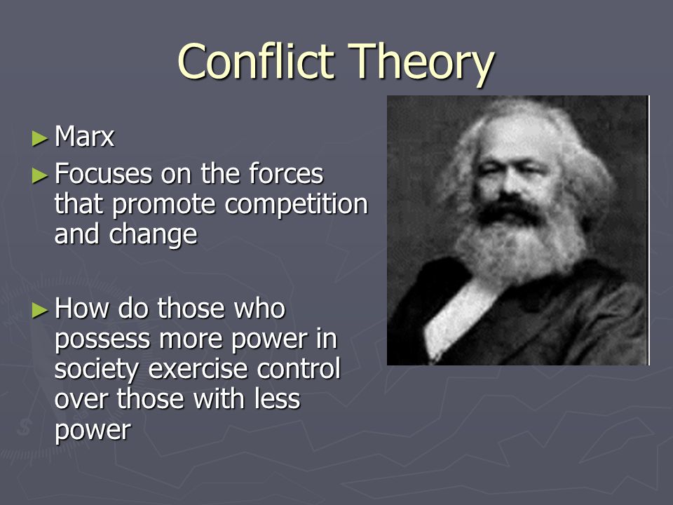 Conflict Theory Marx. Focuses on the forces that promote competition and change.