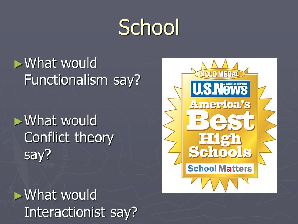 School What would Functionalism say What would Conflict theory say