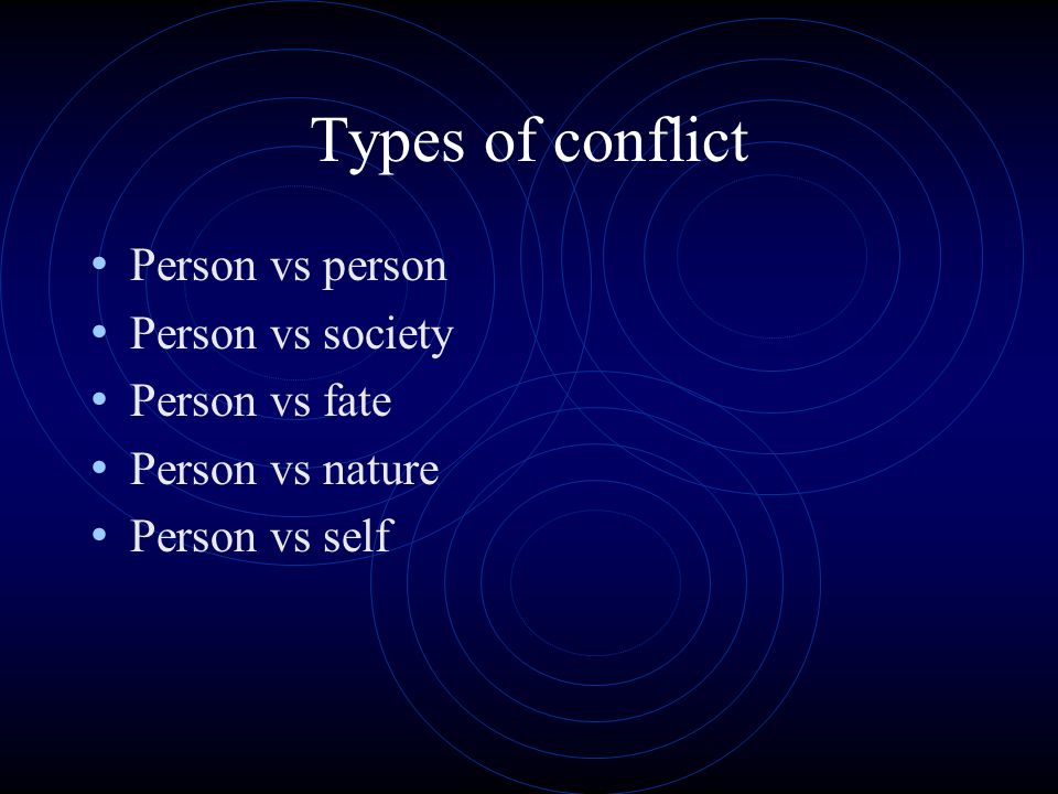 Types of conflict Person vs person Person vs society Person vs fate