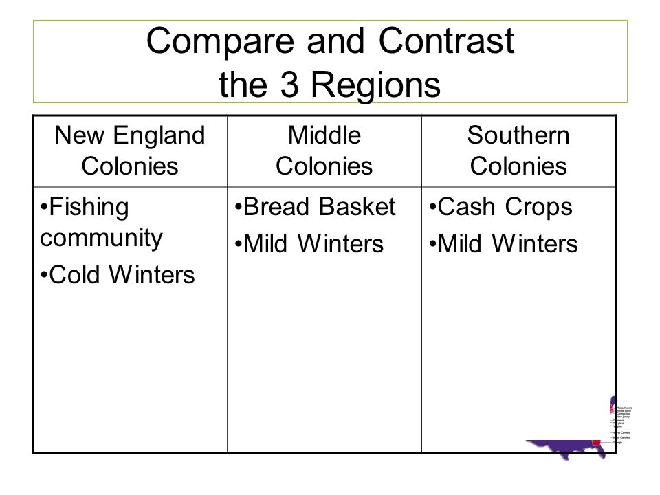 New England Middle And Southern Colonies Comparison Chart