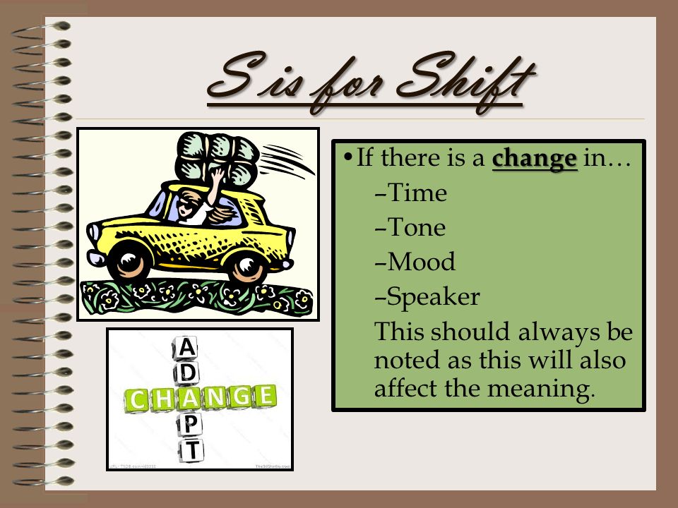 S is for Shift If there is a change in… Time Tone Mood Speaker