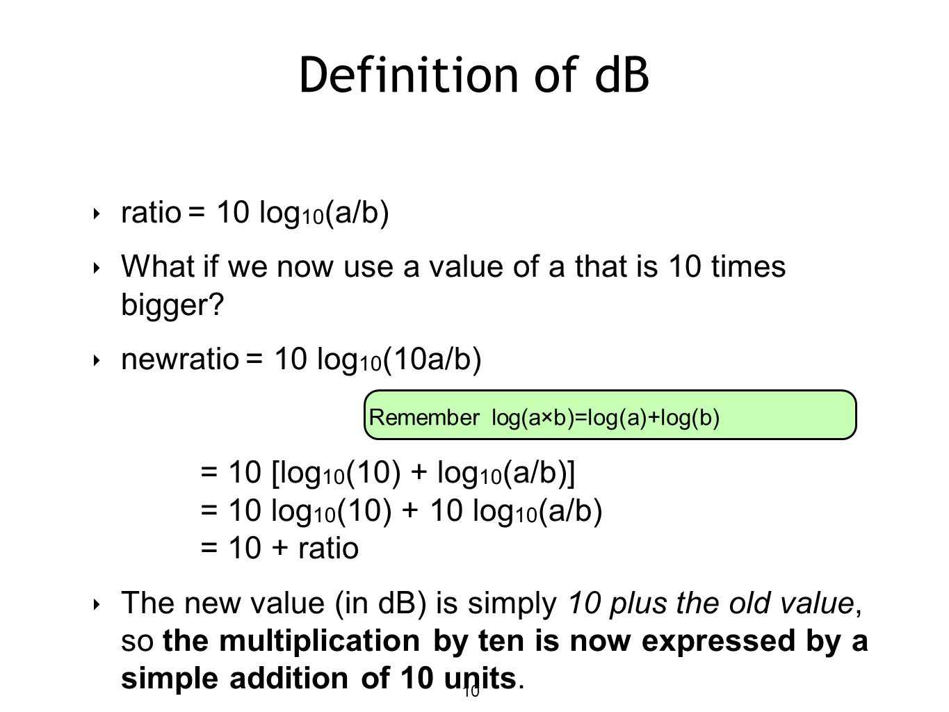 Definition of dB ratio = 10 log10(a/b)