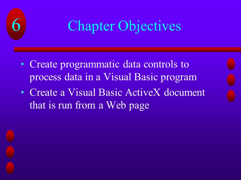 Chapter Objectives Create programmatic data controls to process data in a Visual Basic program.
