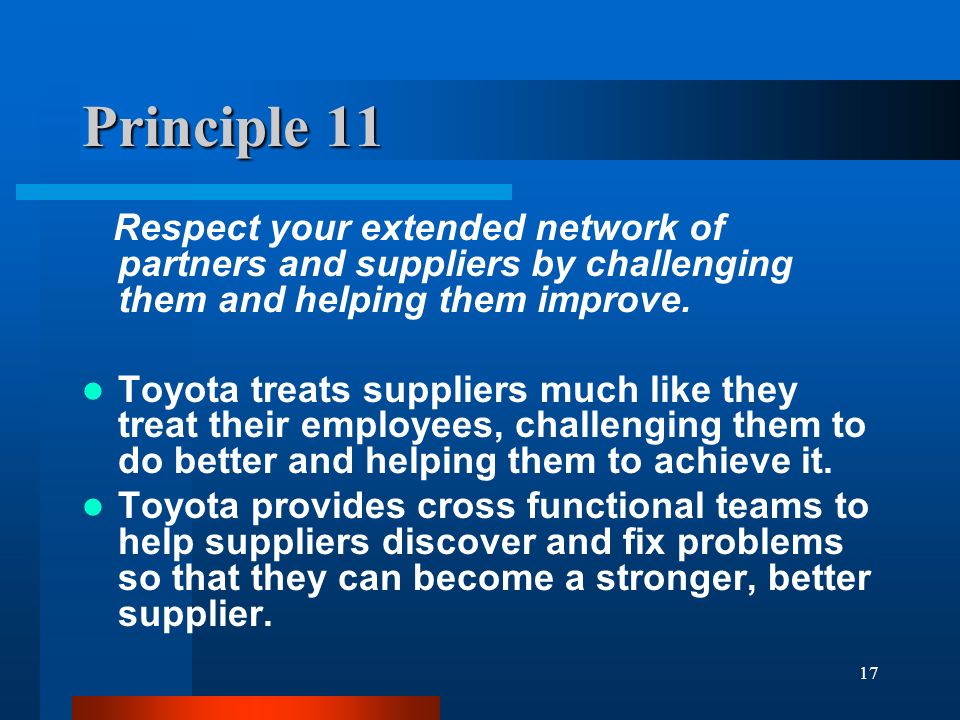 Principle 11 Respect your extended network of partners and suppliers by challenging them and helping them improve.