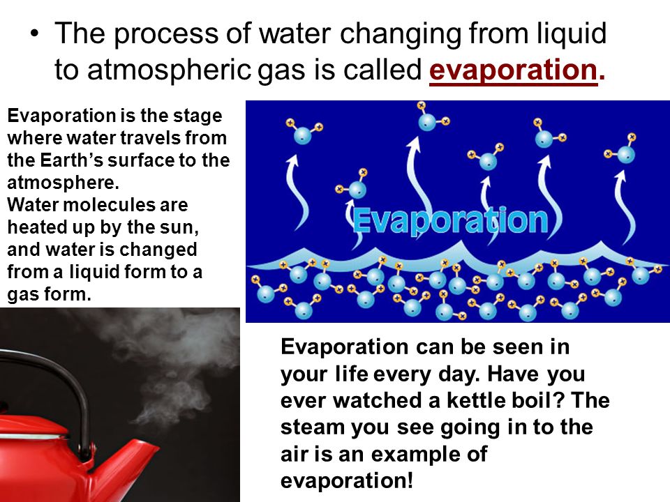 The process of water changing from liquid to atmospheric gas is called evaporation.