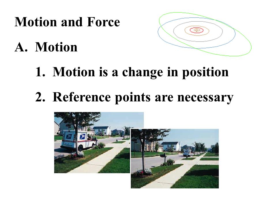 Motion and Force A. Motion 1. Motion is a change in position 2. Reference points are necessary