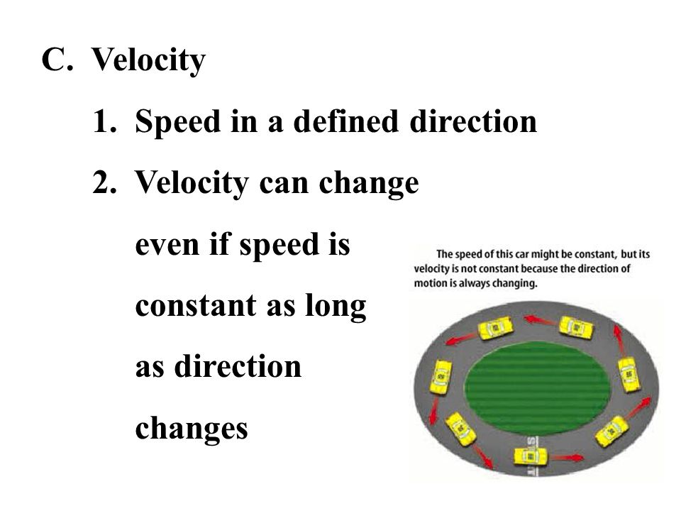 C. Velocity 1. Speed in a defined direction. 2. Velocity can change. even if speed is. constant as long.
