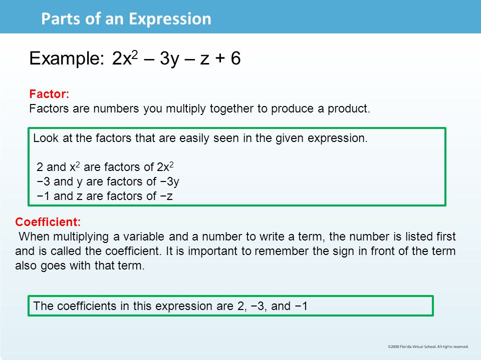 Parts of an Expression Example: 2x2 – 3y – z + 6 Factor: