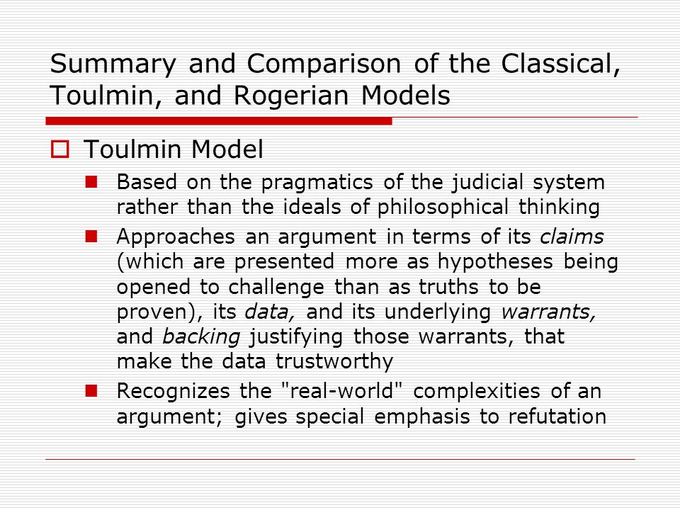 Summary and Comparison of the Classical, Toulmin, and Rogerian Models