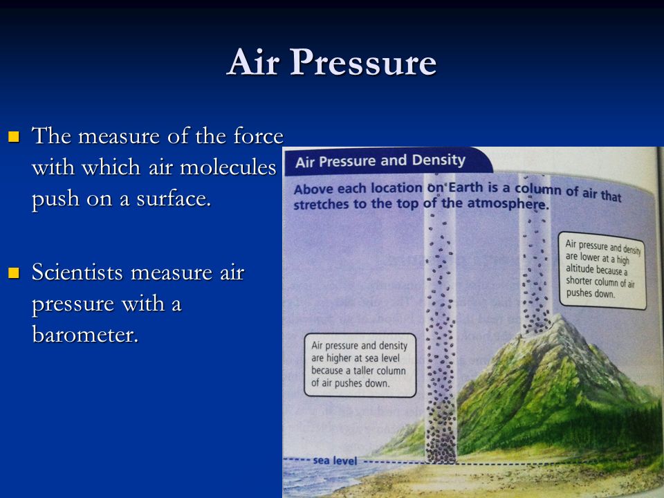 Air Pressure The measure of the force with which air molecules push on a surface.