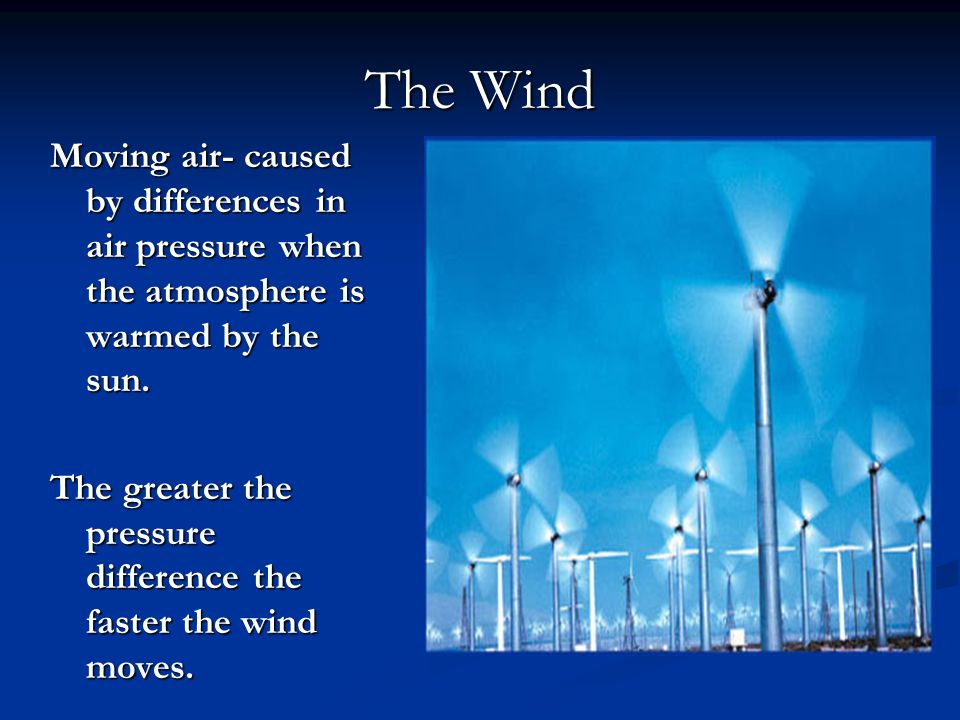 The Wind Moving air- caused by differences in air pressure when the atmosphere is warmed by the sun.