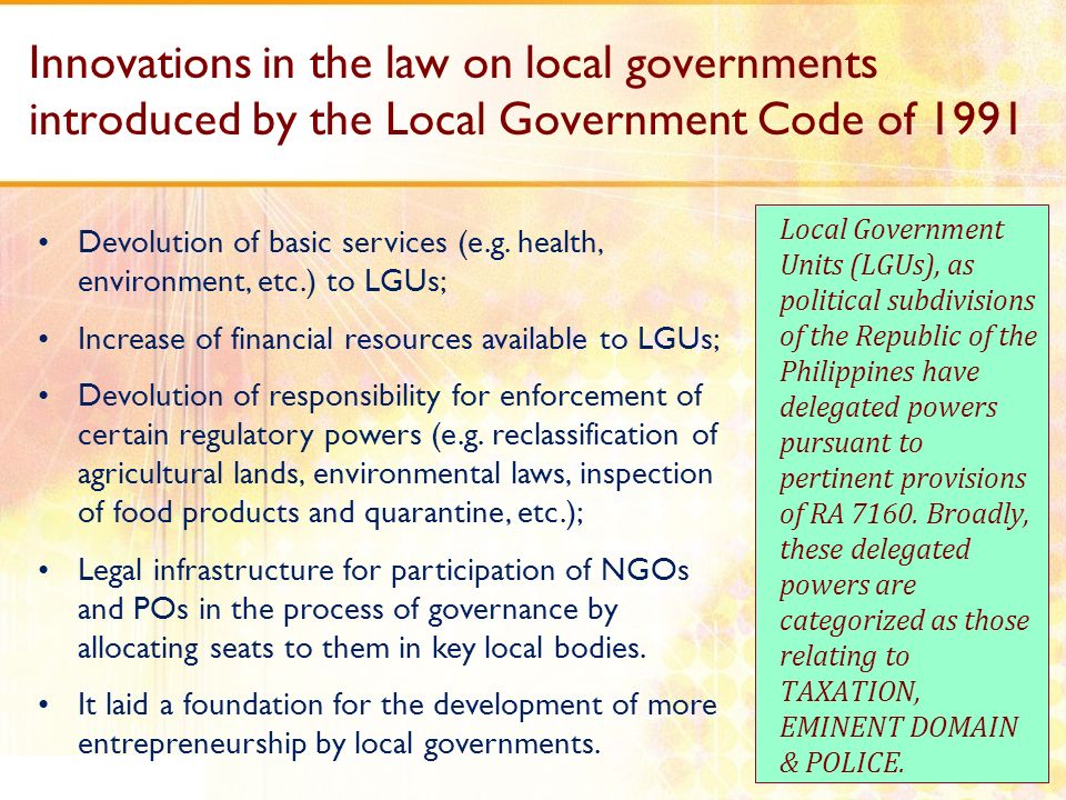 Innovations in the law on local governments introduced by the Local Government Code of 1991