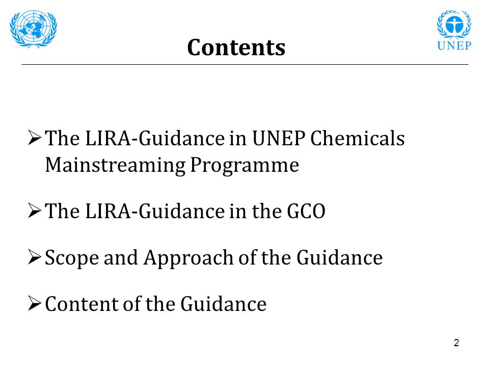 Contents The LIRA-Guidance in UNEP Chemicals Mainstreaming Programme