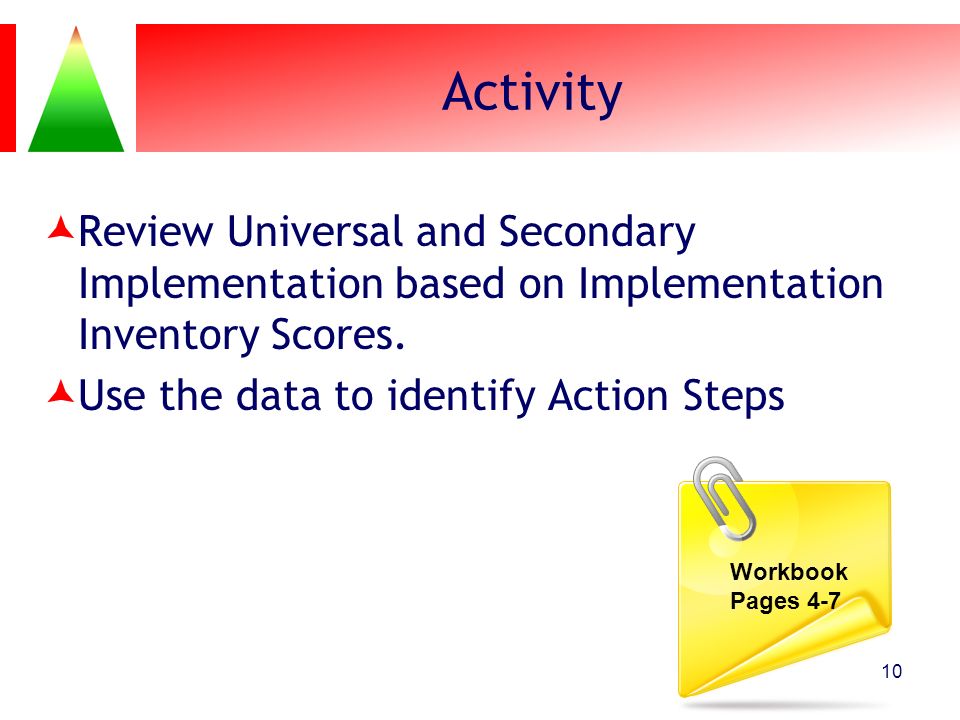 Activity Review Universal and Secondary Implementation based on Implementation Inventory Scores. Use the data to identify Action Steps.