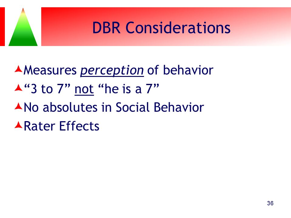 DBR Considerations Measures perception of behavior