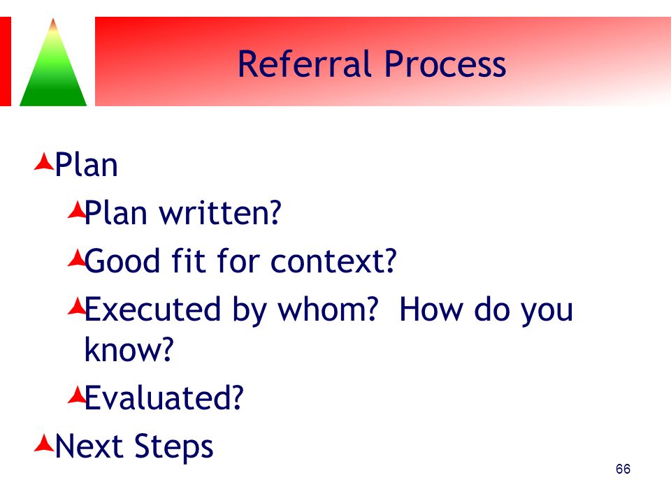 Referral Process Plan Plan written Good fit for context