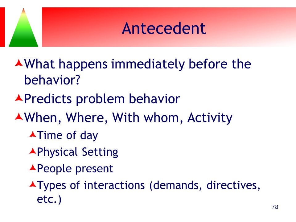 Antecedent What happens immediately before the behavior