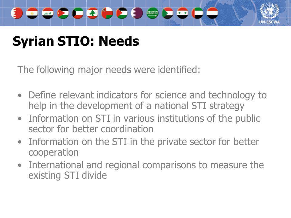 Syrian STIO: Needs The following major needs were identified:
