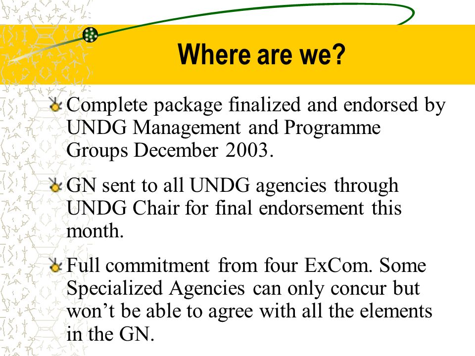 Where are we Complete package finalized and endorsed by UNDG Management and Programme Groups December