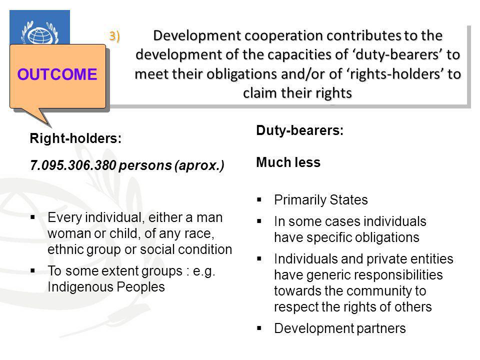 3) Development cooperation contributes to the development of the capacities of ‘duty-bearers’ to meet their obligations and/or of ‘rights-holders’ to claim their rights