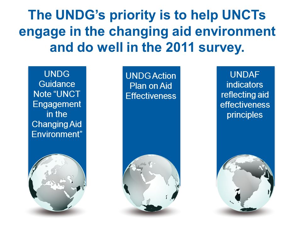 The UNDG’s priority is to help UNCTs engage in the changing aid environment and do well in the 2011 survey.