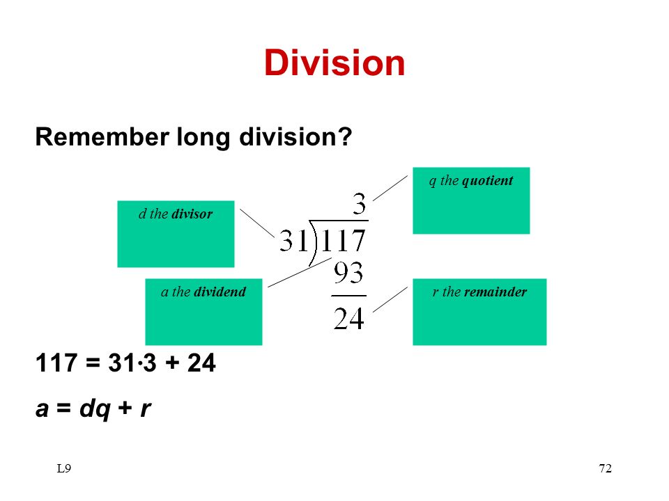 Division Remember long division 117 = 31· a = dq + r