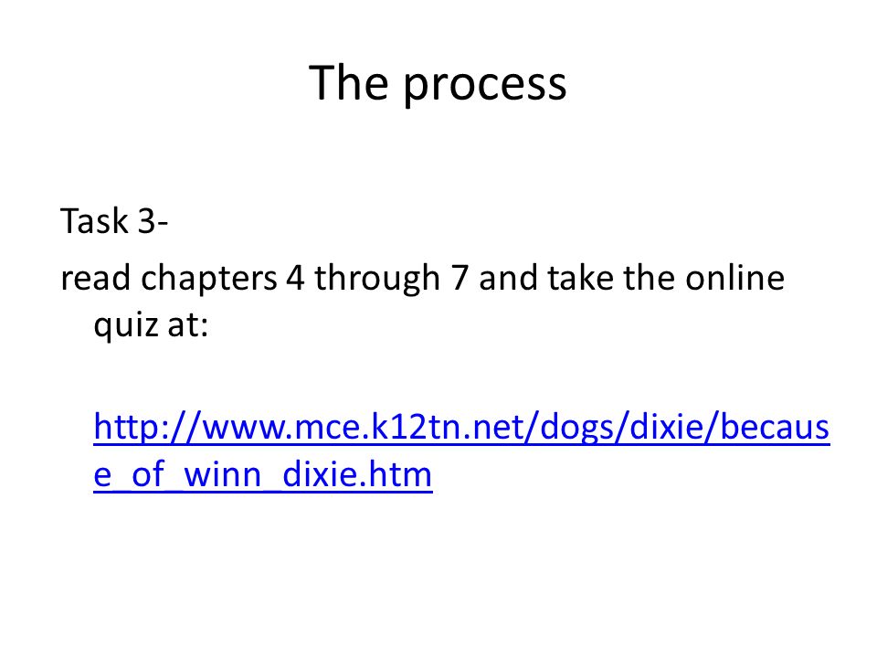The process Task 3- read chapters 4 through 7 and take the online quiz at: