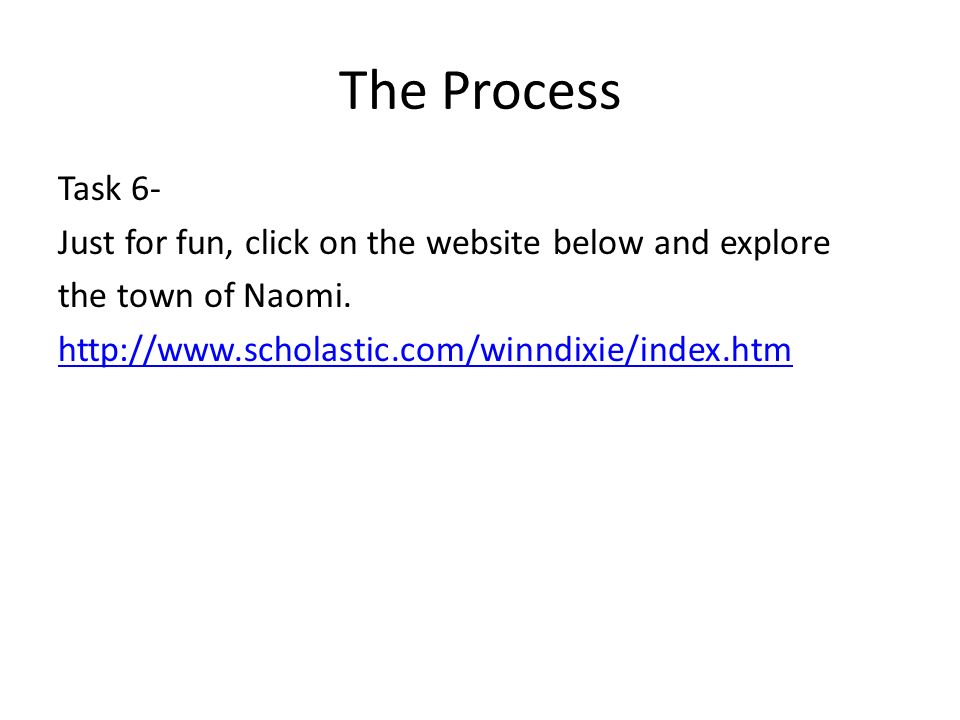 The Process Task 6- Just for fun, click on the website below and explore the town of Naomi.
