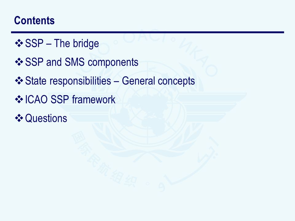 Contents SSP – The bridge. SSP and SMS components. State responsibilities – General concepts. ICAO SSP framework.