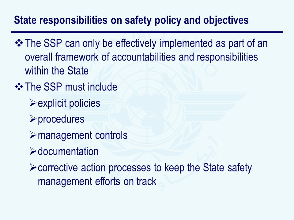 State responsibilities on safety policy and objectives
