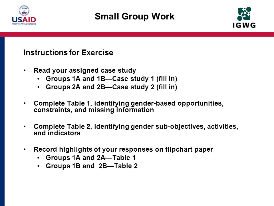 Small Group Work Instructions for Exercise