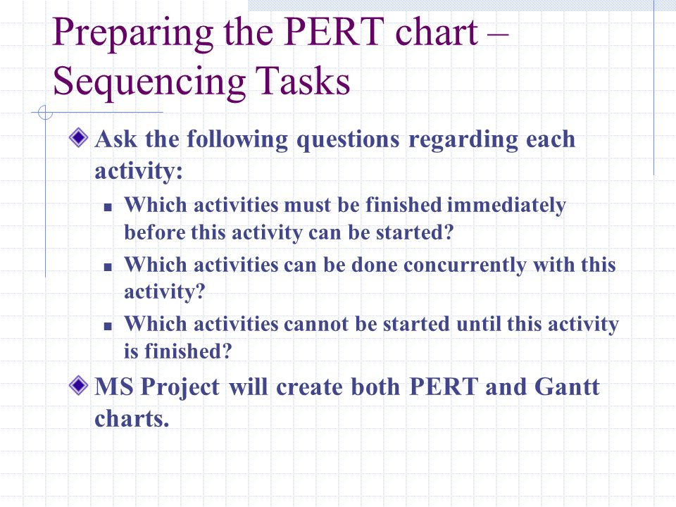 Preparing the PERT chart – Sequencing Tasks