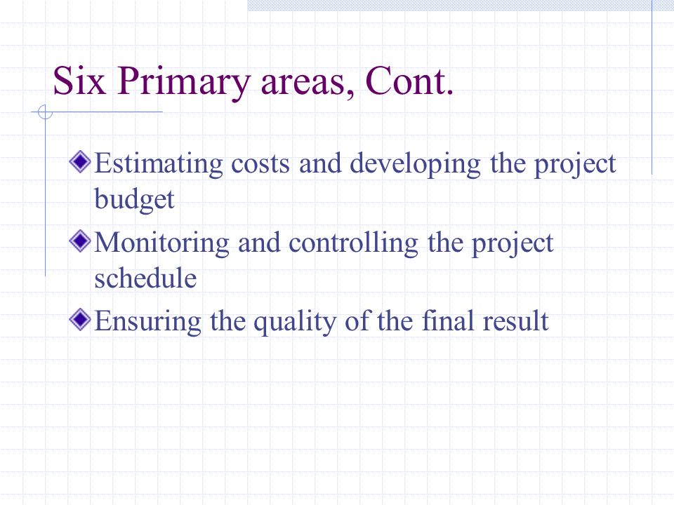Six Primary areas, Cont. Estimating costs and developing the project budget. Monitoring and controlling the project schedule.