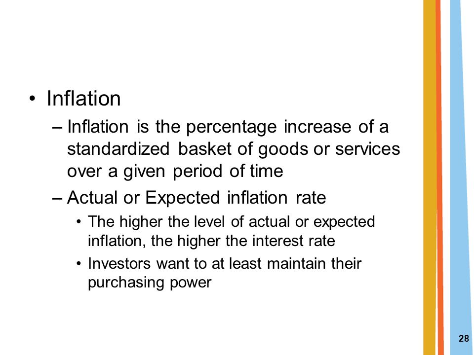 Inflation Inflation is the percentage increase of a standardized basket of goods or services over a given period of time.