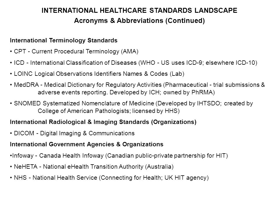 INTERNATIONAL HEALTHCARE STANDARDS LANDSCAPE - ppt download