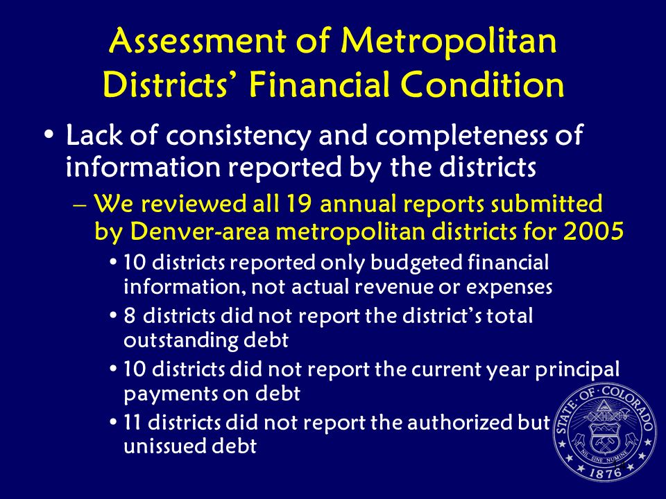Assessment of Metropolitan Districts’ Financial Condition