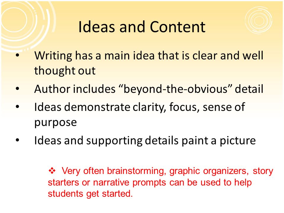 Ideas and Content Writing has a main idea that is clear and well thought out. Author includes beyond-the-obvious detail.