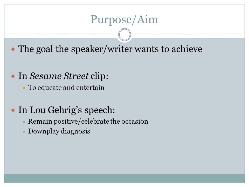 Purpose/Aim The goal the speaker/writer wants to achieve