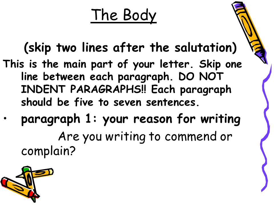 The Body (skip two lines after the salutation)